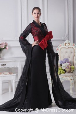 High Slit and V-neck Celebrity Dress Long Sleeves and Bowknot Decorate