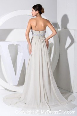 Sexy Grey V-neck Celebrity Dress with High Slit and Hand Made Flowers