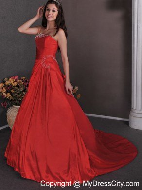 Red One Shoulder Style Celebrity Dress with Court and Appliques