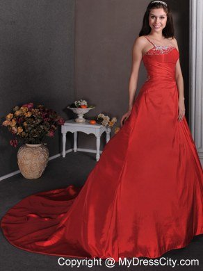 Red One Shoulder Style Celebrity Dress with Court and Appliques