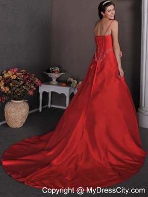 Red One Shoulder Style Celebrity Dress with Court and Appliques