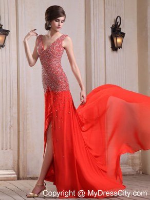 V-neck Red Celebrity Dress With Beaded Bodice High Slit Court Train