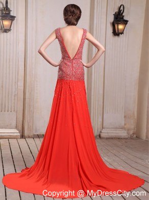 V-neck Red Celebrity Dress With Beaded Bodice High Slit Court Train