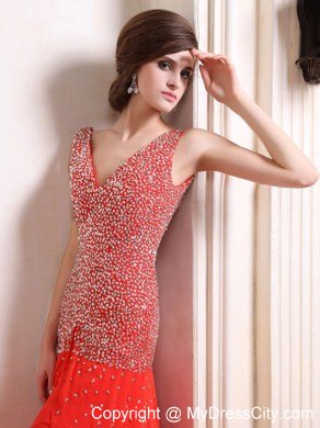 V-neck Red Celebrity Dress With Beaded Bodice High Slit Court Train