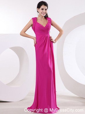 V-neck Fuchsia High Slit Chiffon Celebrity Dress With Ruche and Brush Train