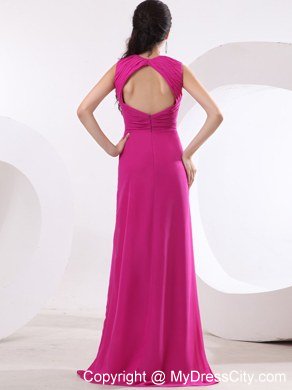 V-neck Fuchsia High Slit Chiffon Celebrity Dress With Ruche and Brush Train