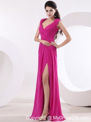 V-neck Fuchsia High Slit Chiffon Celebrity Dress With Ruche and Brush Train