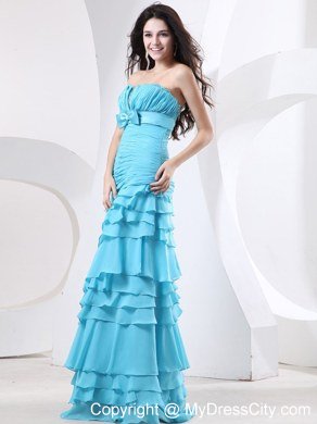 Ruche and Beading Aqua Ruffled Layers For Celebrity Dress With Bowknot