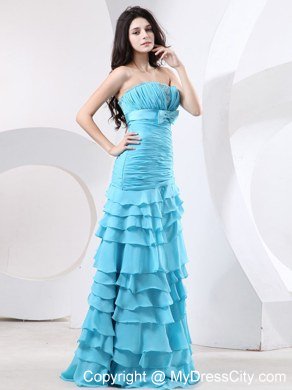 Ruche and Beading Aqua Ruffled Layers For Celebrity Dress With Bowknot