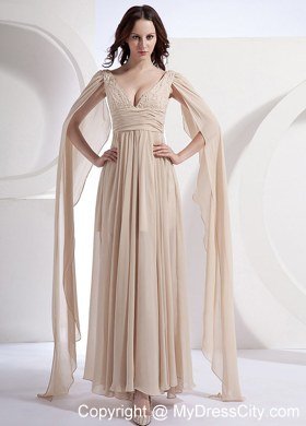 Champagne Empire V-neck Chiffon Celebrity Dresses with Watteau