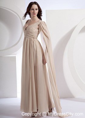 Champagne Empire V-neck Chiffon Celebrity Dresses with Watteau