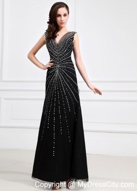 V-neck Beading Halter Brush Sweep Celebrity Dresses Tulle Black