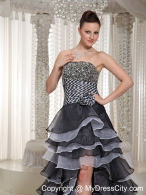 High-Low Strapless Hand Made Flowers Celebrity Dresses with Beading