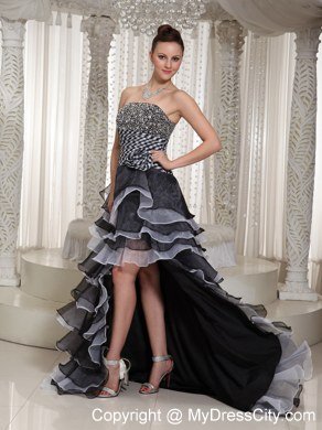 High-Low Strapless Hand Made Flowers Celebrity Dresses with Beading