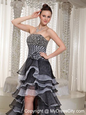 High-Low Strapless Hand Made Flowers Celebrity Dresses with Beading