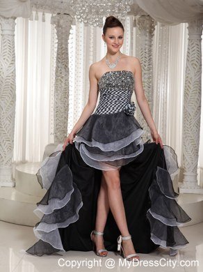 High-Low Strapless Hand Made Flowers Celebrity Dresses with Beading