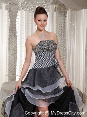 High-Low Strapless Hand Made Flowers Celebrity Dresses with Beading