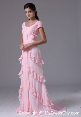 Short Sleeves Baby Pink Scoop Column Celebrity Dress With Ruffed Layers