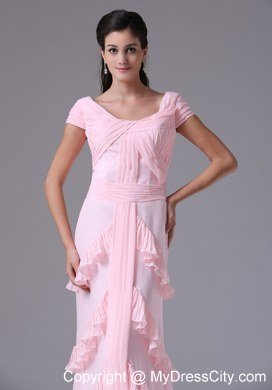 Short Sleeves Baby Pink Scoop Column Celebrity Dress With Ruffed Layers