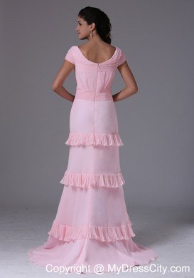 Short Sleeves Baby Pink Scoop Column Celebrity Dress With Ruffed Layers