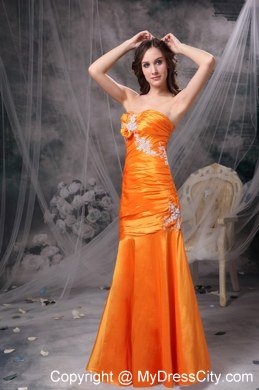 Appliques and Ruche Orange Column Sweetheart Celebrity Dress Taffeta