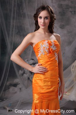 Appliques and Ruche Orange Column Sweetheart Celebrity Dress Taffeta