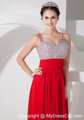 Beading Straps Red Empire Long Celebrity Dress Chiffon Ruche Waistband