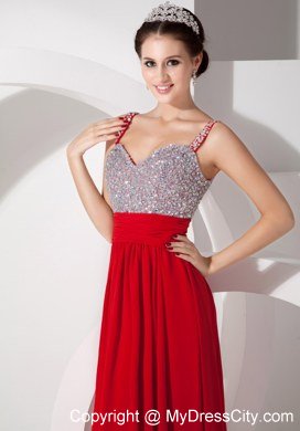 Beading Straps Red Empire Long Celebrity Dress Chiffon Ruche Waistband