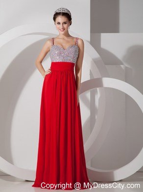 Beading Straps Red Empire Long Celebrity Dress Chiffon Ruche Waistband