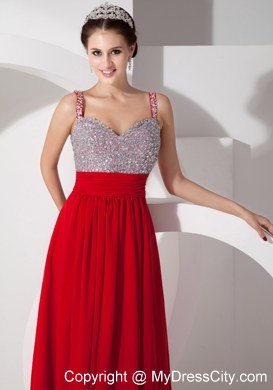 Beading Straps Red Empire Long Celebrity Dress Chiffon Ruche Waistband