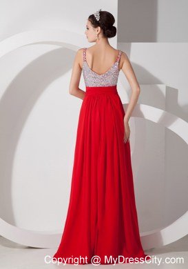 Beading Straps Red Empire Long Celebrity Dress Chiffon Ruche Waistband