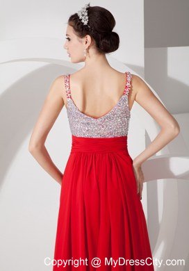 Beading Straps Red Empire Long Celebrity Dress Chiffon Ruche Waistband