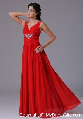 V-neck Beading and Ruching Red Chiffon Celebrity Dress Floor-length