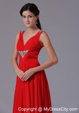 V-neck Beading and Ruching Red Chiffon Celebrity Dress Floor-length