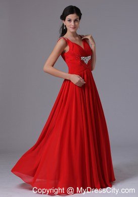 V-neck Beading and Ruching Red Chiffon Celebrity Dress Floor-length