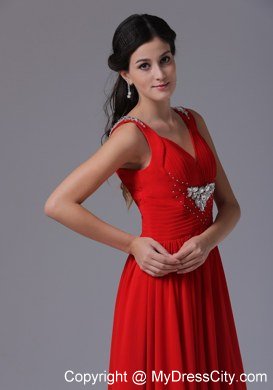 V-neck Beading and Ruching Red Chiffon Celebrity Dress Floor-length