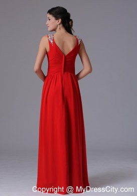 V-neck Beading and Ruching Red Chiffon Celebrity Dress Floor-length