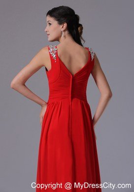 V-neck Beading and Ruching Red Chiffon Celebrity Dress Floor-length