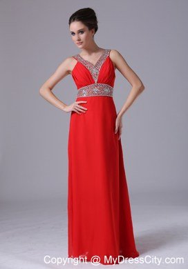 Beading Straps V-neck Empire Chiffon Red Celebrity Dress Floor-length