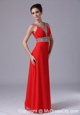 Beading Straps V-neck Empire Chiffon Red Celebrity Dress Floor-length