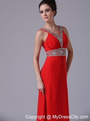 Beading Straps V-neck Empire Chiffon Red Celebrity Dress Floor-length