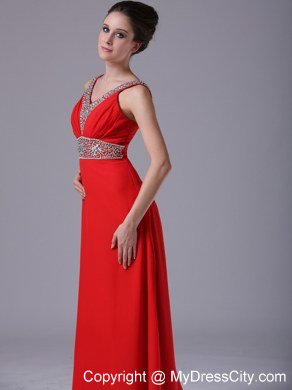 Beading Straps V-neck Empire Chiffon Red Celebrity Dress Floor-length