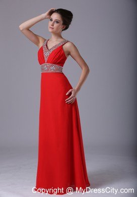 Beading Straps V-neck Empire Chiffon Red Celebrity Dress Floor-length