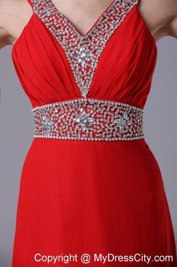 Beading Straps V-neck Empire Chiffon Red Celebrity Dress Floor-length