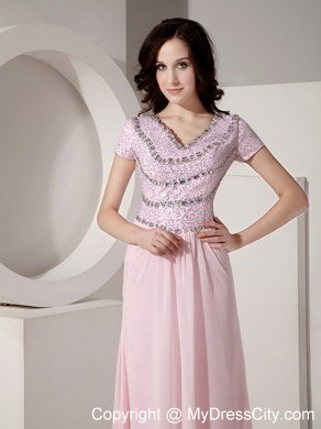 Empire V-neck Baby Pink Celebrity Dress Chiffon Beading Short Sleeves