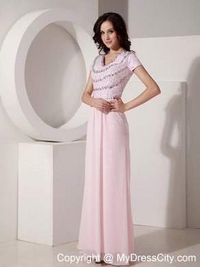 Empire V-neck Baby Pink Celebrity Dress Chiffon Beading Short Sleeves