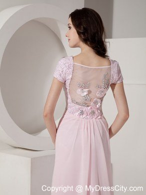 Empire V-neck Baby Pink Celebrity Dress Chiffon Beading Short Sleeves