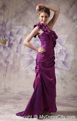 Hand Flowers Eggplant Purple Column One Shoulder Celebrity Dress Beading