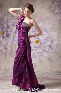 Hand Flowers Eggplant Purple Column One Shoulder Celebrity Dress Beading