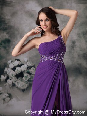 High-slit Purple Empire One Shoulder Celebrity Dress Chiffon Beading